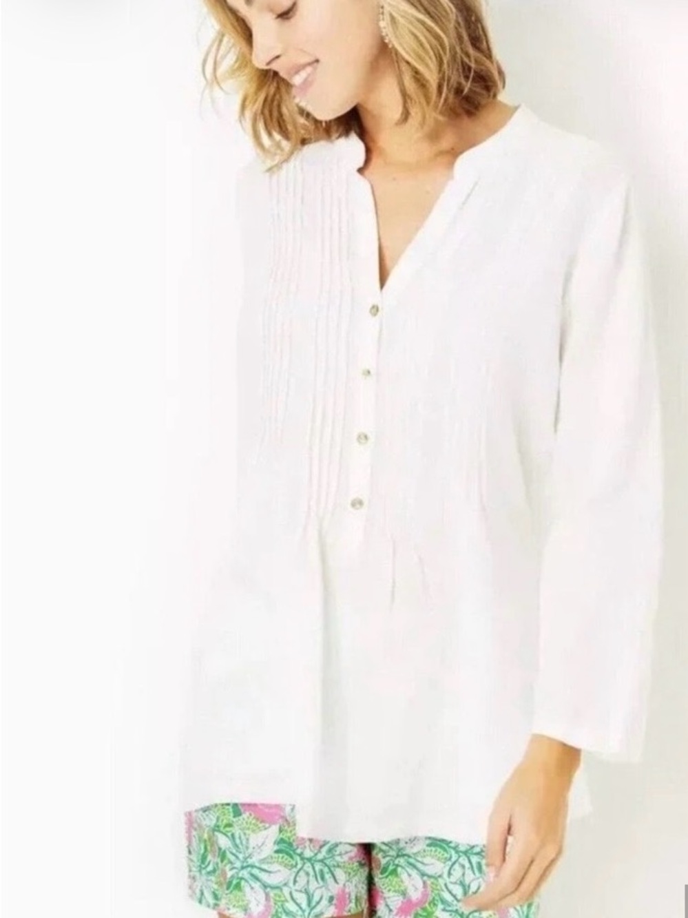 Lilly Pulitzer Sarasota White Pintuck Button-Front Tunic Top size L 100% linen
